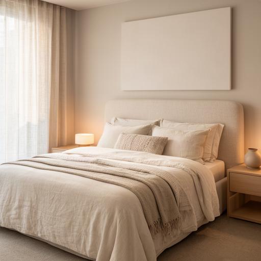 Camera da letto allestita con testiera tessile, comodini essenziali e palette color crema