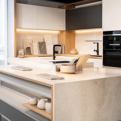 Cucina espositiva contemporanea con ante opache, piano in pietra e dettagli in rovere