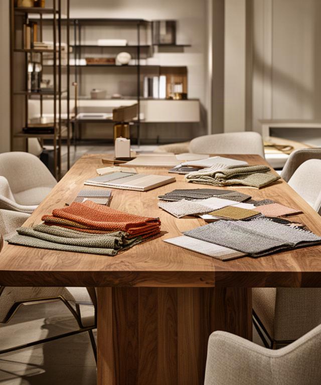 Tavolo da pranzo in legno, sedie rivestite e campioni di tessuto esposti nello showroom di Trento