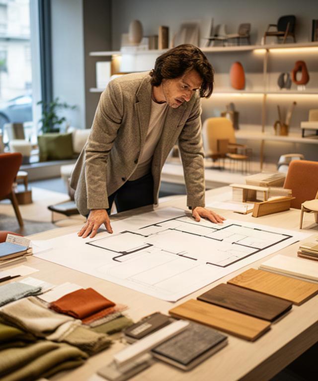 Consulente d'interni che esamina una pianta su un tavolo nello showroom di Trento