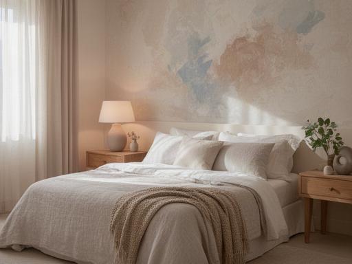 Camera da letto raccolta con tessili chiari, comodini in legno e parete decorata