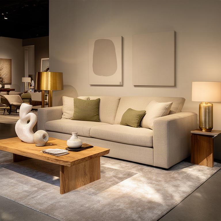 Soggiorno dello showroom con divano color sabbia, tavolino in legno e lampade calde