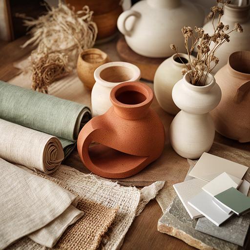 Dettagli decorativi nello showroom con ceramiche artigianali, vasi e tessuti naturali